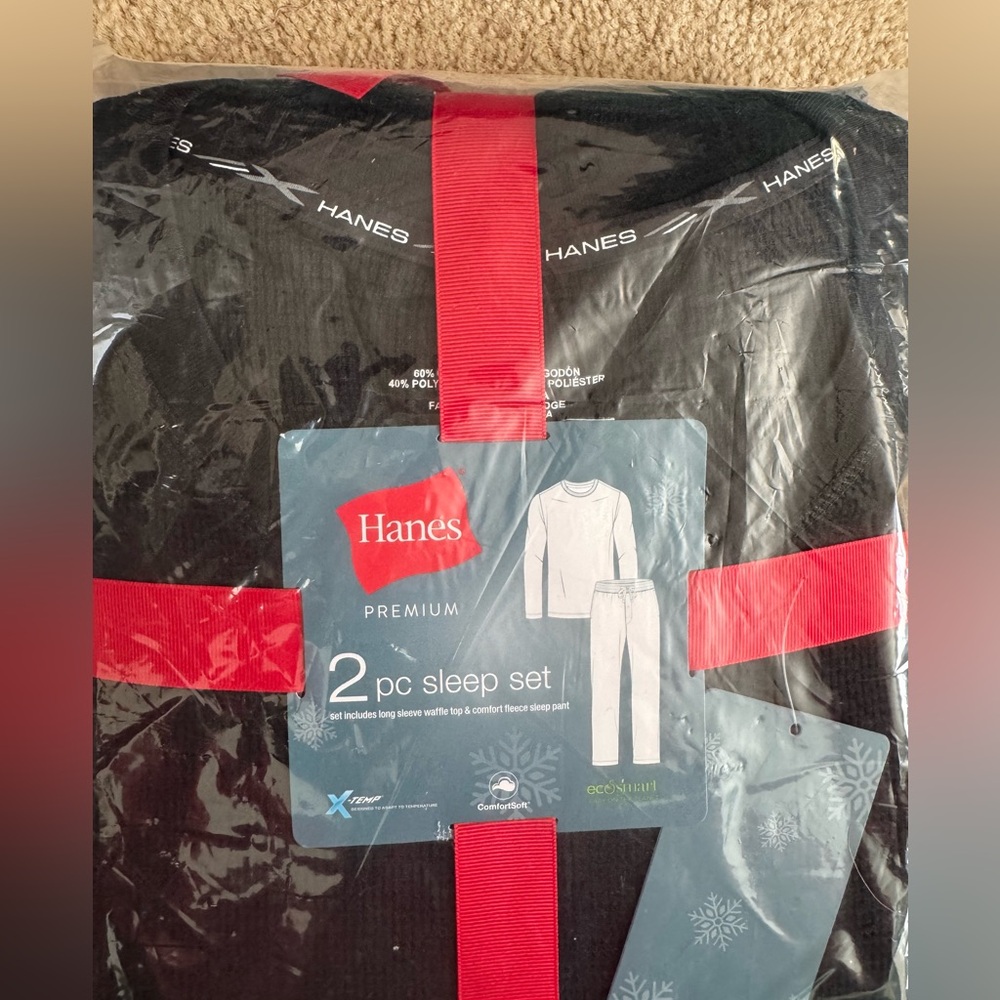 Hanes 2pc Sleep Set Mens Extra Large Black Gray Plaid Pajamas Waffle Fleece New